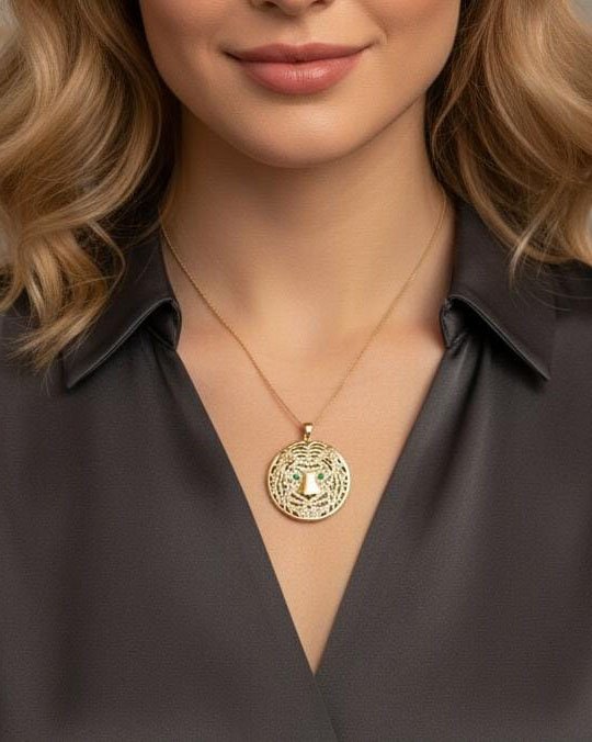 COLAR MEDALHA TIGRE CRAVEJADO